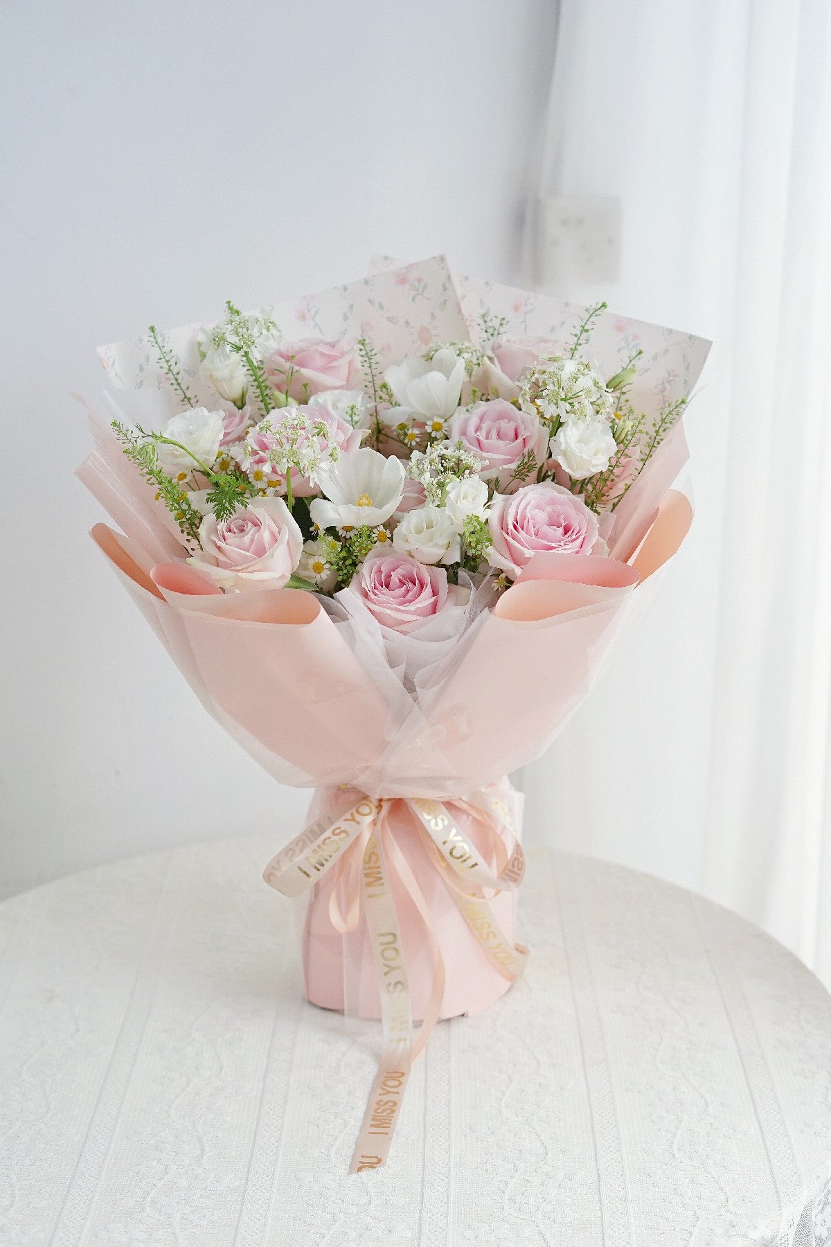 Pink Rose and White Tulip Bouquet