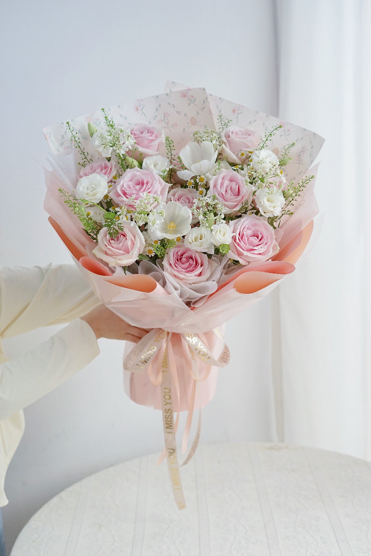 Pink Rose and White Tulip Bouquet