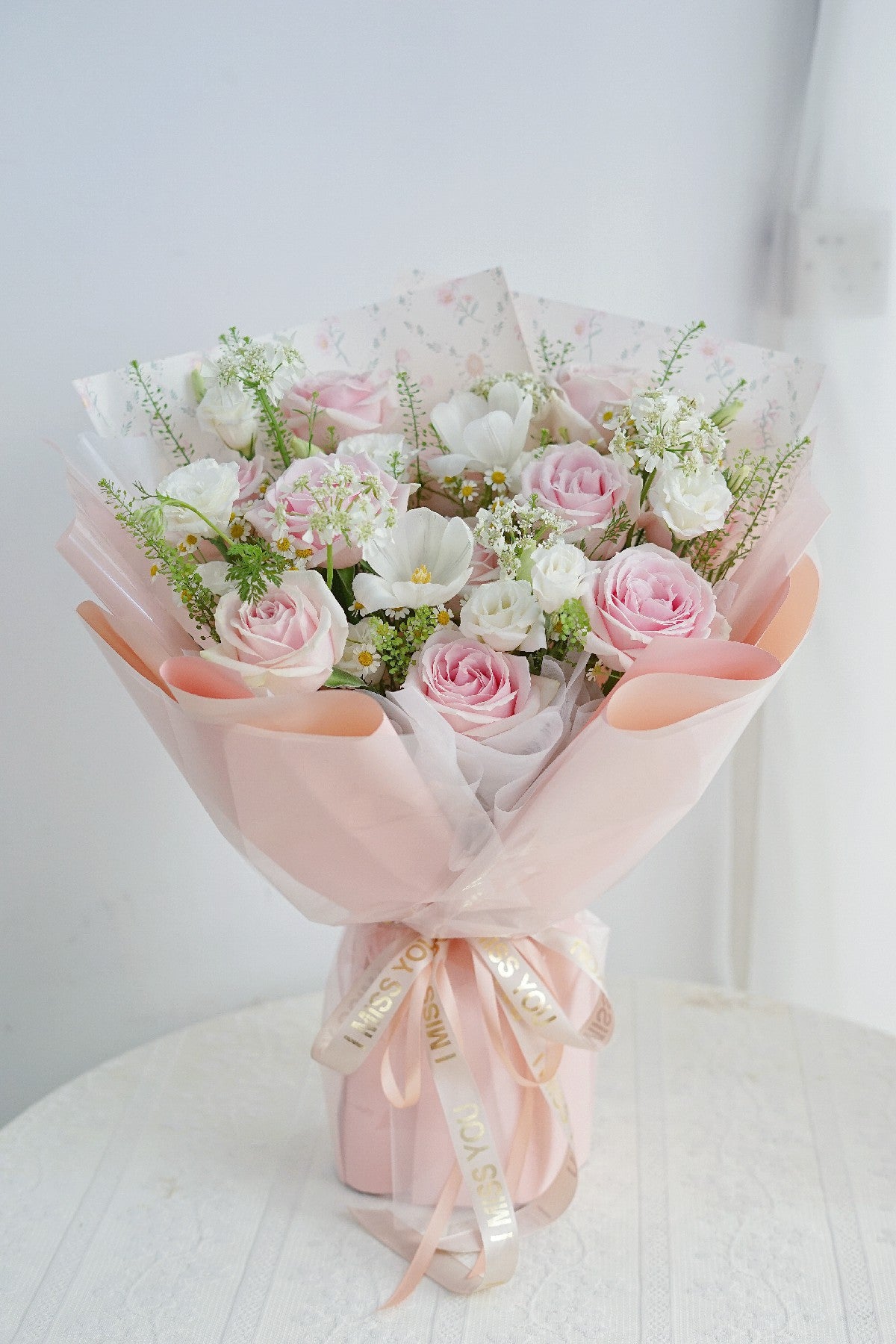 Pink Rose and White Tulip Bouquet