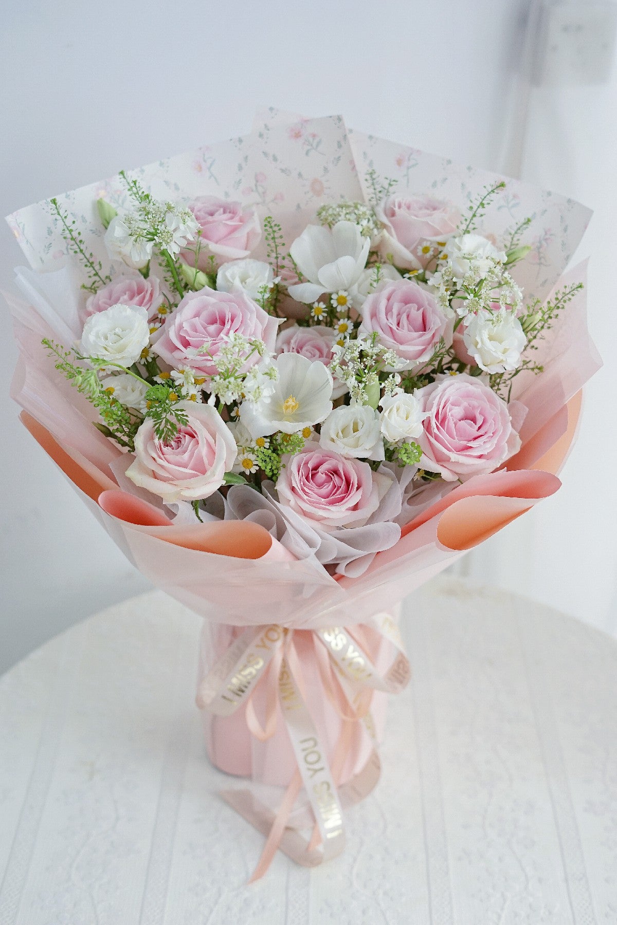 Pink Rose and White Tulip Bouquet