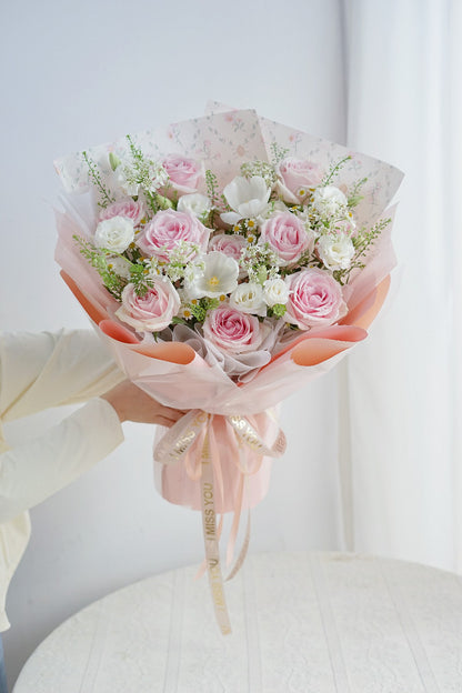 Pink Rose and White Tulip Bouquet